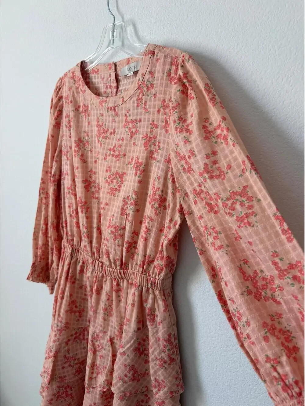 LOFT NWT 3/4 Sleeve Round Neck Plaid Floral Ruffled Mini Dress Women's Size S - Picture 6 of 8